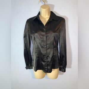 So Y2K 2000’s Black satin Pinstripe fitted Button-Up Blouse size small